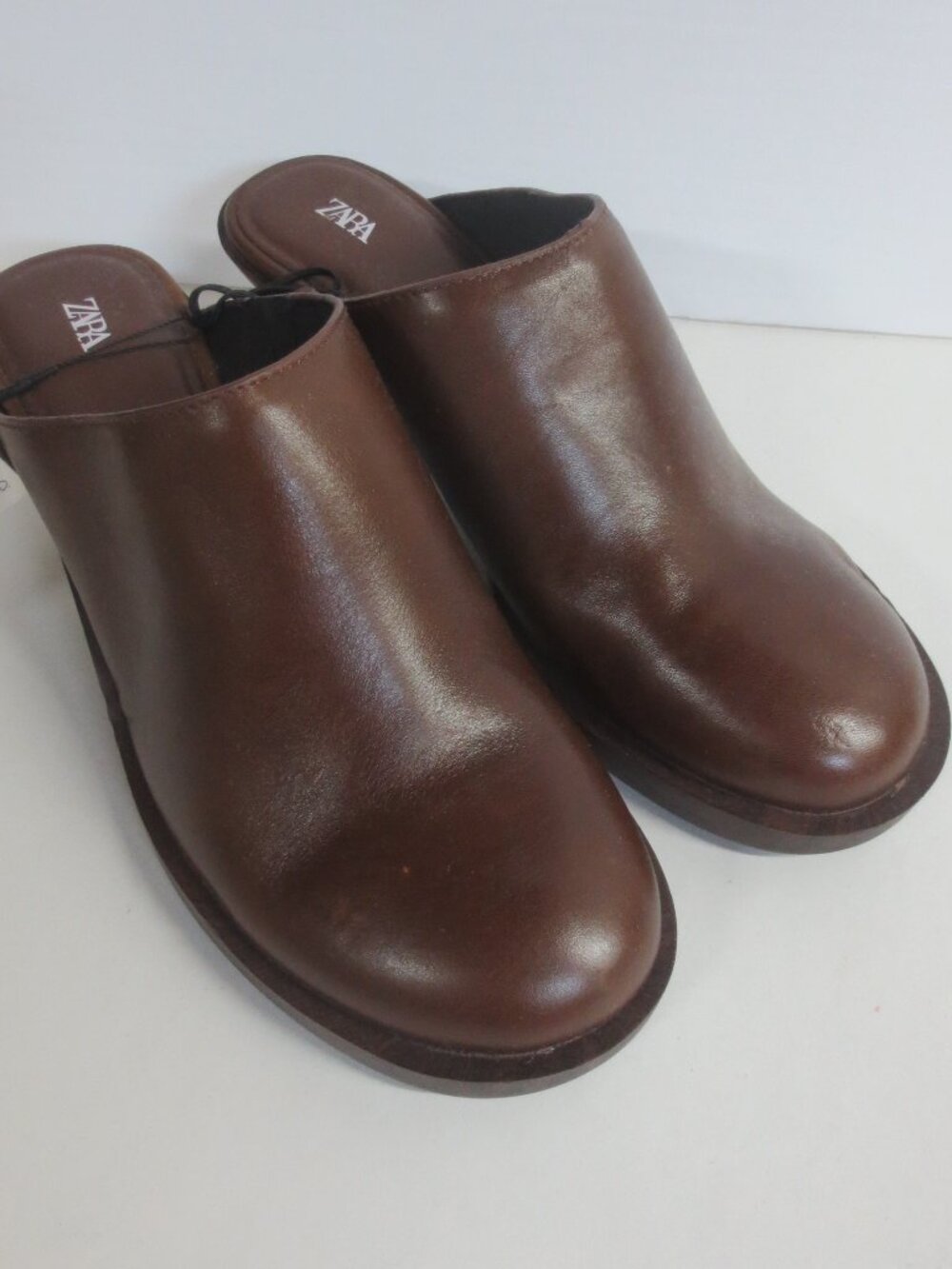 ZARA WOMEN'S LEATHER WEDGE CLOG SHOES - BROWN - US 7.5